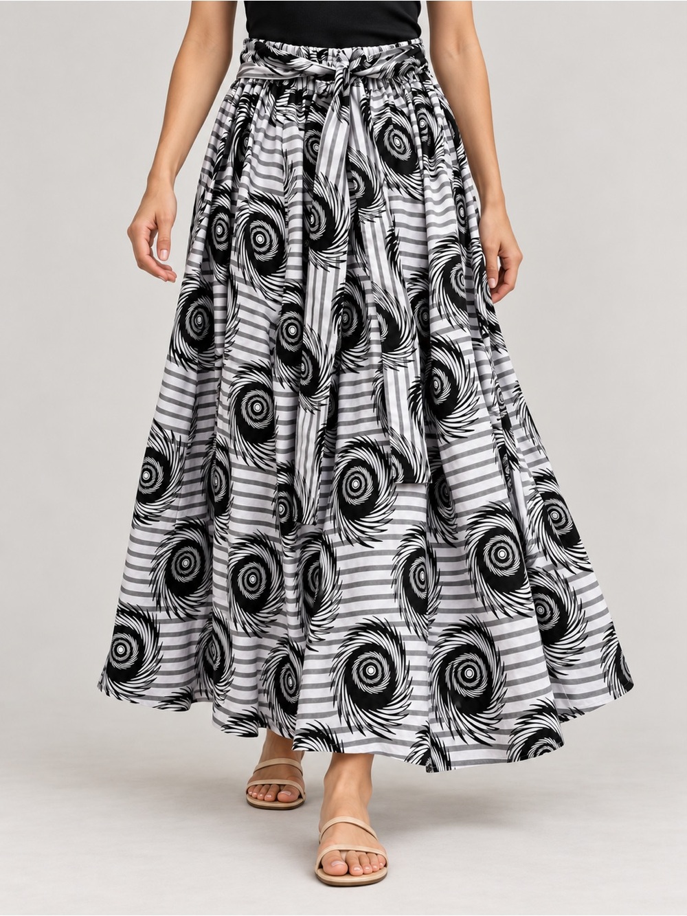 Rainbow One Size Black White Abstract Swirl Maxi Skirt Elastic Waist Tie Belt - Picture 1 of 10